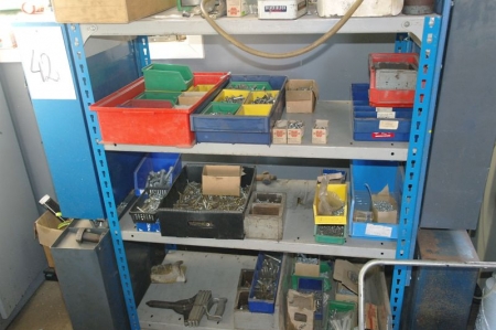 Steel Shelving containing screws + bolts + Tools + bolt racks with content, etc.