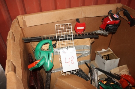 Pallet box with assorted garden tools and power tools, etc.