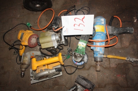 Diverse elværktøj: el-rondelsliber, overfræser, aku-håndrundsav (uden batteri og lader) + El-vinkelsliber + kærneboremaskine med vand med videre