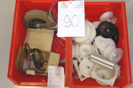 Boxes of assorted pulleys + wheels + rolls, etc.
