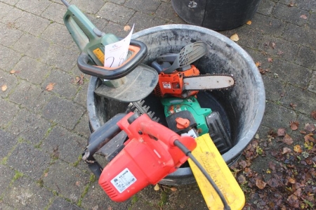 Tub with content. Chainsaw (Topkap), power chain saws, power hedge trimmer