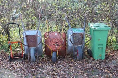 3 wheelbarrows, sack cart, garbage bin.