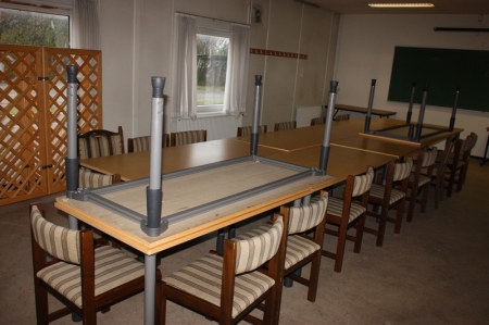 About 10 tables, adjustable height + approx. 16 chairs