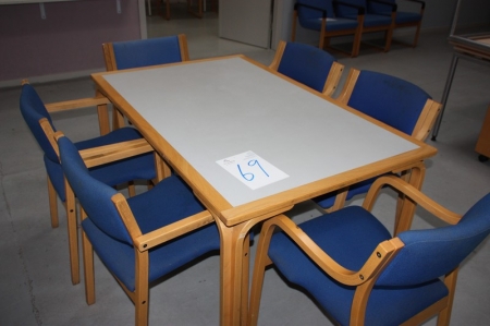 Bord + 6 stole, blåt bolster
