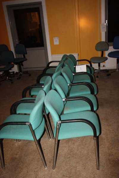 About 20 chairs with green cloth cover and steel