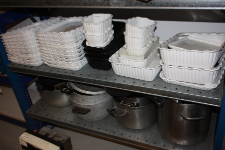3 shelves with ceramic plates, steel trays and pots