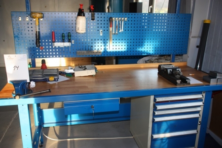 Work Bench, c. 200 x 77 cm + vice + tool board + drawer + drawer section