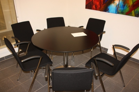 Cafebord, runde, sortmalet, chromstel, ø ca. 100 cm + 6 stole, sort bolster, chromstel, Four Design, Strand & Hvass