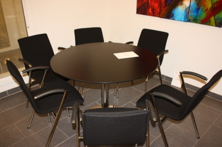 Cafe Table, round, black painted, chrome steel, ø approx. 100 cm + 6 chairs, black cloth cover, chrome steel, Four Design, Strand & Hvass