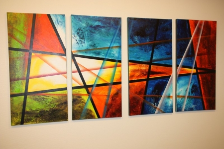 Painting in 4 parts of approx. 40 x 80 cm. + Painting, signed ERM, ca. 43 x 53 cm