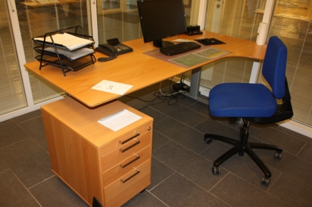 Electric height adjustable desks, beech, Linak technique, app. 200 x 85/110 cm + office + drawer