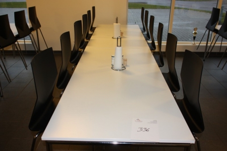 2 canteen tables, approx. 180 x 80 cm, white laminate, chrome steel + 12 chairs, Four Design, Strand & Hvass