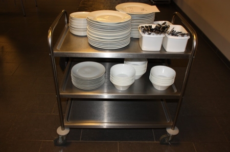 The trolley, stainless + Various crockery and cutlery