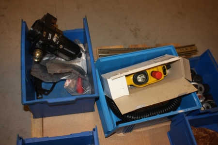 Pallet with various spare parts for electric hoist, gas cylinder, etc. Pallet not included
