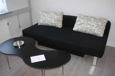 Sofa, black cloth cover, chrome steel, bedding box under the sofa + coffee table, black laminate, chrome steel, length approx. 135 cm + painting signed AMH, ca. 75 x 75 cm + mirror, approx. 45 x 80 cm + hanger