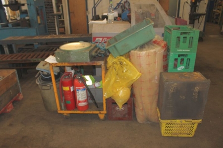 Miscellaneous on trolly and floor. Scale + powder extinguishers + various boxes and bins
