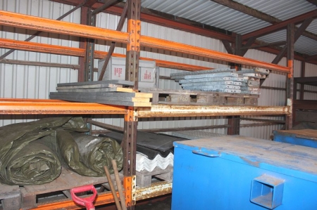 2 span pallet rack containing various roofing sheets steel + steps + threaded hangers + shackles, etc.