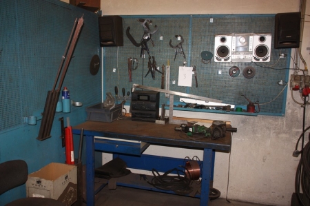 Work Bench, c. 150 x 75 cm, drawer + tool panel with content + noice restricting (to be cut free) + content on the inside of noise-restricting wall