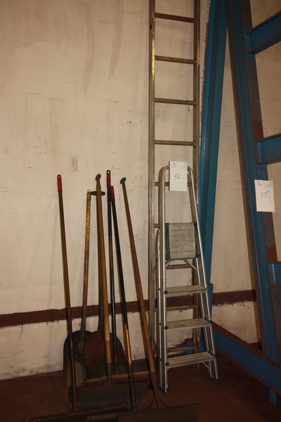 Stair and aluminum ladder + lot brooms and shovels + scraper blades