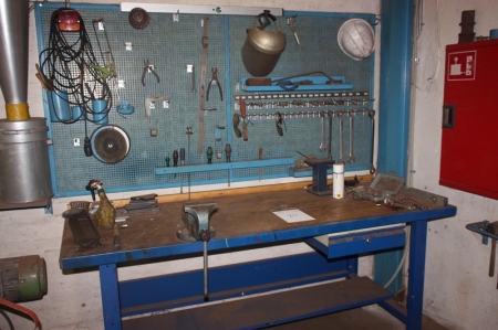 Work Bench, c. 200 x 75 cm + vice + drawer + tool panel with content