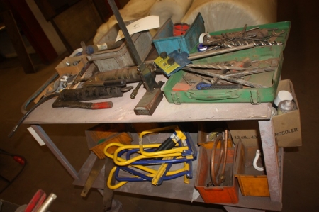 Trolley containing various, including hand tools, drills, grease gun, altimeter