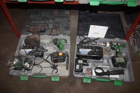 Aku-boremaskine, Hitachi med 2 batterier og lader + aku-slagnøgle, Hitachi med batteri og lader + aku-boremaskine med batteri