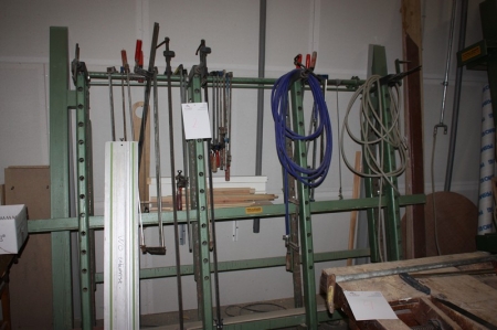 Frame Press, Kallesøe, working width approx. 250 cm x 140 cm + lot long and medium clamps, saws rail for circular saw + air hoses