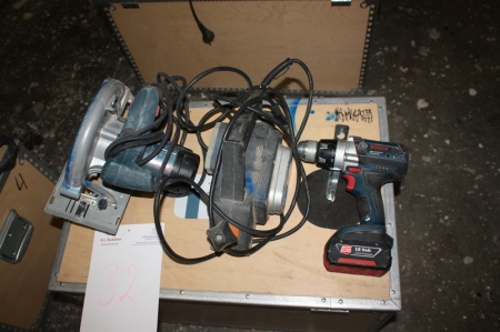Værktøjskasse i træ + el-håndrundsav, Bosch + el-høvl, ELU + aku boremaskine, Bosch GSR 18 VE-2-CV + batteri
