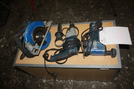 Værktøjskasse, træ + 3 stk. el-værktøj: stiksav, Bosch + boremaskine, Bosch + håndrundsav, Bosch