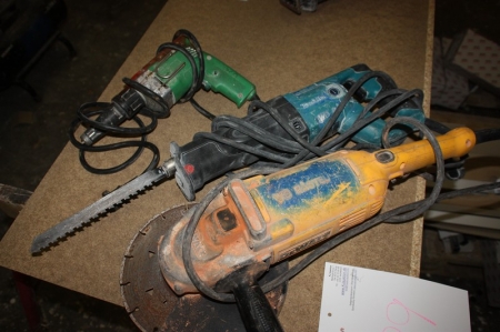 3 x power tools: drill + reciprocating saw, Makita + Grinder, DeWalt, Ø230 mm
