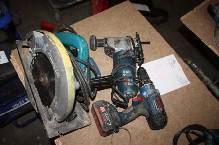 Power hand operated circular saw, Makita + power jig saw, Bosch + cordless drill, Bosch GSR18 VE-2U + battery