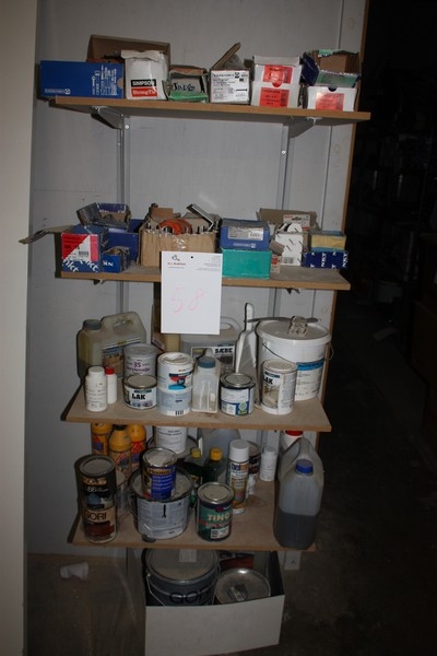 Wall shelf, 4 shelves, containing: Various paints, varnishes, rivets, expand nails, staples, screws, etc.