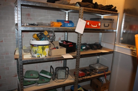 2 span steel rack + box of clothing + chair + shelf + 2 work helmets etc.