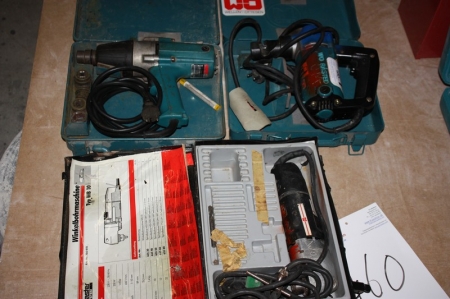 Angle drill, Würth WB10 + plate lures, Makita Knabber model JN3200 + electric impact wrench + 3 vats + panel, MDF, approx. 255 x 94 cm