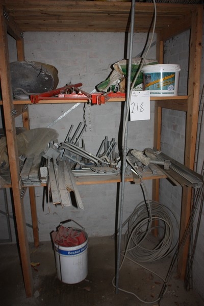 Contents of 2 shelves in wooden rack: miscellaneous building fittings, etc.