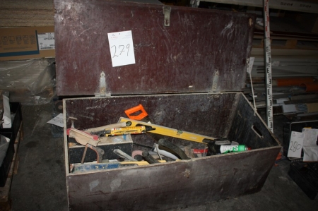 Toolbox with content including DeWalt hammer drill + bolt cutters + spirit level, etc.