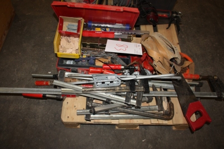 Lot miscellaneous including clamps, tool kit with drill, etc.