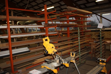 Content on one side of cantilever racking, various lists + metal rails, etc. as depicted