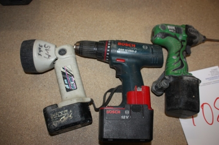 Cordless drill, Hitachi WD12DMR + Battery + cordless drill, Bosch GSR12VSH-2 with 2 batteries + cordless lamp with battery