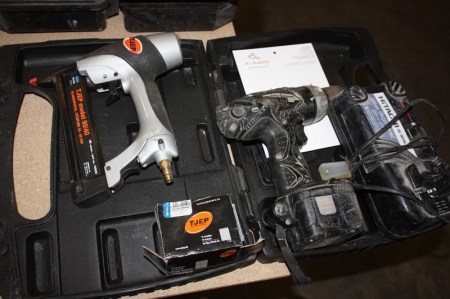 Air Nailer, Tjep, model 90/40 + cordless drill, Hitachi + battery + charger, DS14DMR
