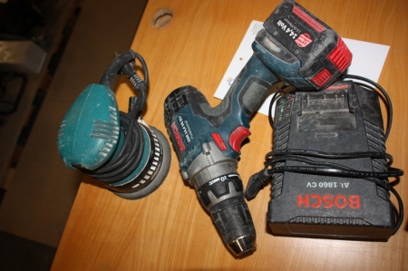 Cordless drill, Bosch GSR 14.4 V RE 2LI with 2 batteries and charger + power rotary sander, ø12 cm