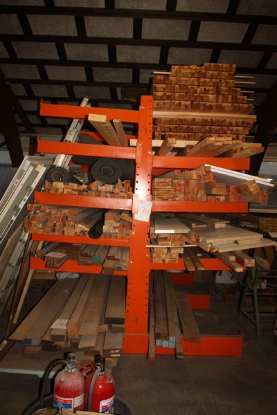 Double-sided cantilever racking, length approx. 3 meters, 10 shelves including base, 3 branch sections. Without content
