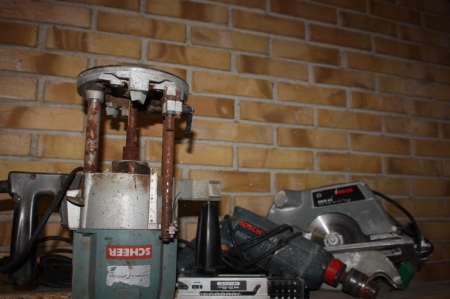 Plunge Router, Scheer + power hammer drill, Bosch + drywall screw action + power hand saw, Bosch GKS 65