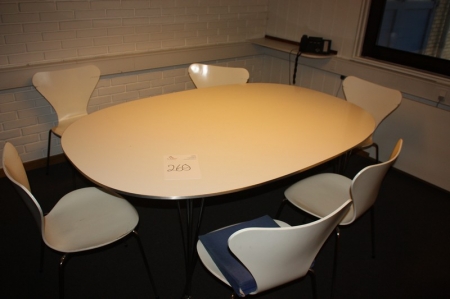 Table, Fritz Hansen, white laminate with steel legs + 6 pcs. Fritz Hansen, 7-'s chair
