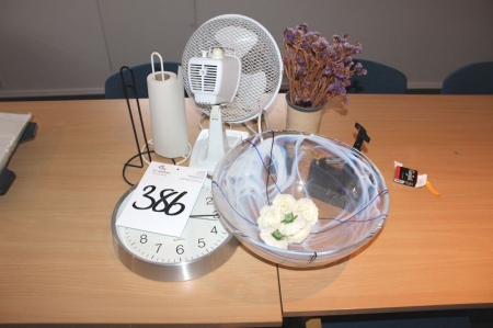 Glass bowl, fan, clock, vase, corkscrew