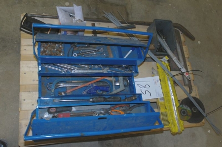 Pallet with toolbox + welding electrodes + cutting discs etc.