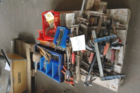 Pallet with clamps + tools, etc.