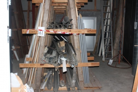 Contents in rack. Various lists, steel beams, boards, ceiling profile boards