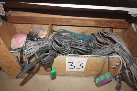 Content on floor under 2 section wooden rack, including: box containing electrical cables and various