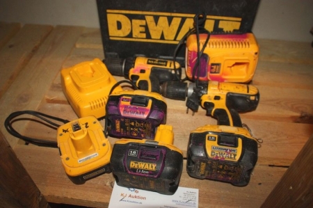 2 x cordless tools: drill, DeWalt + 4 Batteries + 2 Chargers